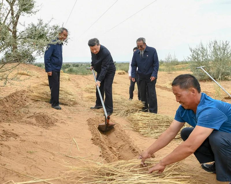 2019年8月21日，習(xí)近平來到甘肅省武威市古浪縣八步沙林場(chǎng)，實(shí)地察看當(dāng)?shù)刂紊吃炝?、生態(tài)保護(hù)等情況。新華社記者 謝環(huán)馳 攝